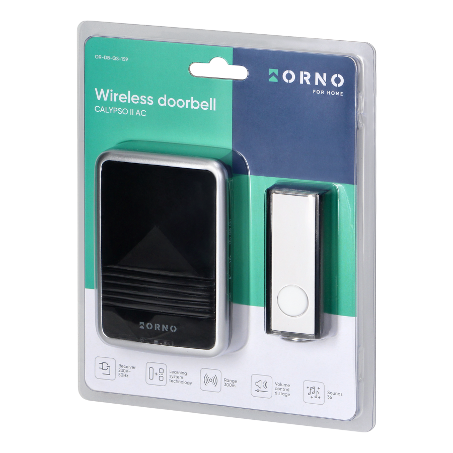 CALYPSO II AC wireless mains-powered doorbell with learning system, 36 sounds, 300m